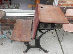 Antique Ewa Rowles Cast Iron Wood Top School Desk Rustic Primitive Folding Seat