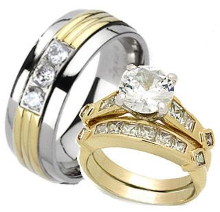 His Hers 3 Piece Wedding Ring Set Yellow Gold Overlay Stainless Steel