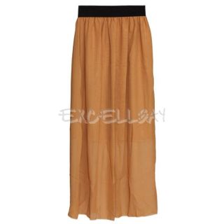 Elegant Women Chiffon Pleated Long Maxi Skirt Elastic Waistband Khaki E0XC