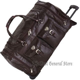 Brown Leather 24" Trolley Bag Tote Luggage with Wheels Silver Tone Heart Accents