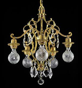 Antique Art Deco Chandelier Glass Shade Style Brass Vintage Restored Polychrome