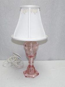 Antique Depression Glass Pink w Etched Design Electric Table Lamp w Linen Shade