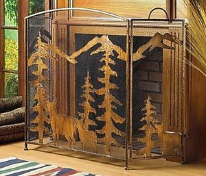 Rustic Forest Deer Wrought Iron Fireplace Screen