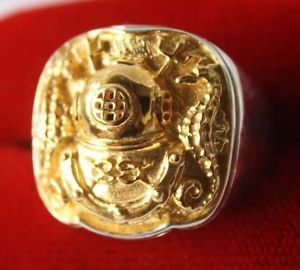 Diving Helmet Hard Hat Sterling Silver Ring Gold Plated