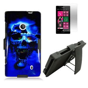 For Nokia Lumia 521 520 Cover Blue Skull Case Holster Belt Clip Wstand Screen