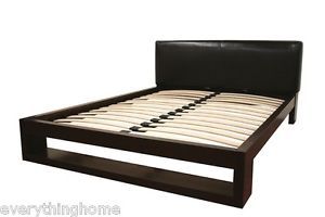Modern Dark Brown Solid Wood Queen Platform Bed Frame Leather Padded Headboard