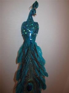 Peacock Teal Blue Feathers Christmas Ornament Sparkly Clip on Purple Decor