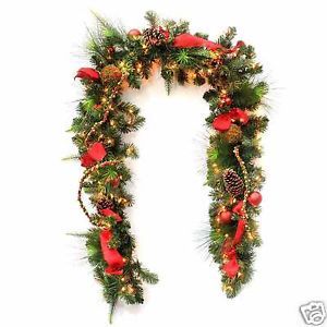 Holiday Christmas 9' Decorated Garland Lit Light Ornament Decor Red Gold Silver