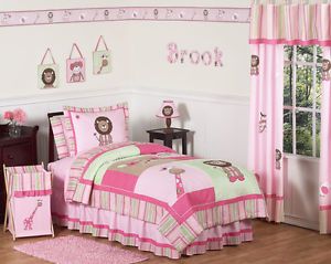 Sweet JoJo Designs Pink Green Animal Jungle Safari Kids Twin Girls Bedding Set
