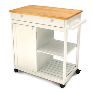 Whtie Kitchen Island Microwave Prep Table Rolling Cart on Wheels w Shelf Cabinet
