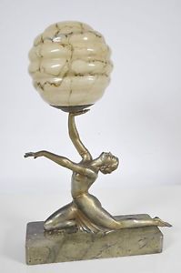Large Art Deco Spelter Lady Figure Table Lamp on Marble Base c1930 Orig Shade