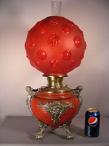 Antique GWTW Victorian Parlor Kerosene Oil Lamp Base Red Satin Bullseye Shade