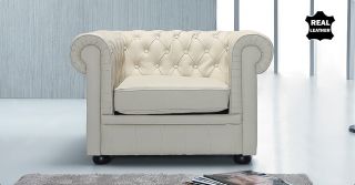 Genuine Leather Armchair Settee Quilted Seater in Beige Chesterfield