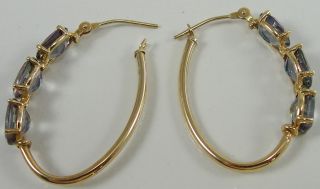 10K Solid Yellow Gold Mystic Topaz Elongated Hoop Earrings Prong Set Oval Cut 1"