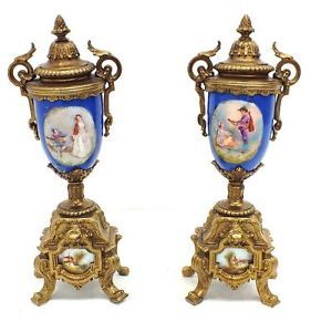 Antique French Sevres Porcelain Mantle Clock Garnitures Set Gilt Metal for Clock