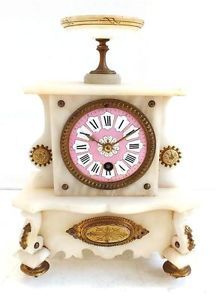 Antique French White Alabaster Mantle Clock Nice 8 Day Sevres Dial Mantel Clock