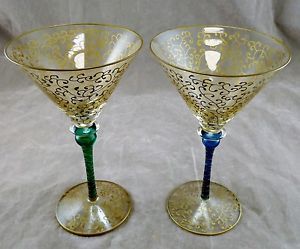 Large Martini Art Glasses Blue Green Colored Stem Handpainted Glass Romania 8"