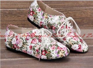 Fashion Women Casual Lace Up Low Heel Vintage Flower Print Oxfords Flat Shoes