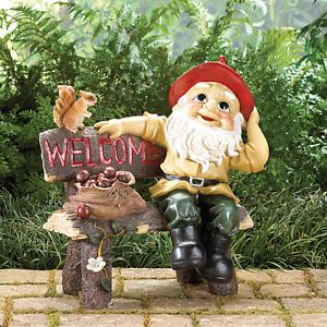 Large Garden Gnome on Park Bench Welcome Sign Outdoor Yard Figurine Dwarf Statue