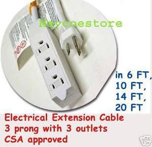 6 ft Power Electrical Extension Cable 3 Prong 3 Outlet