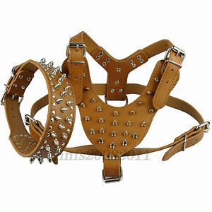 Coffee Studded Soft Leather Dog Harnesses Collars Set for Medium Large Dogs