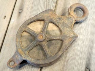 Wood Wheel 5" Large Barn Pulley Block Tackle Rustic Cast Iron Industrial Old
