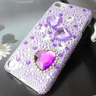 Purple 3D Heart Bling Rhinestone Hard Case Cover Apple iPod Touch 5 5g Accessory
