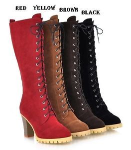 13894 Women Red Yellow Brown Black Lace Up High Heel Tall Long Boots Shoes 34 39