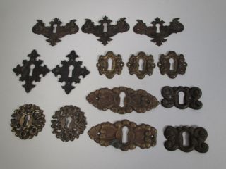14 Antique Victorian Brass Escutcheon Keyhole Covers Vtg Furniture Hardware Lot