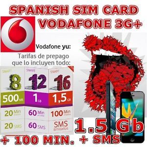 iPhone 5 Spanish Vodafone Smart 16 3G Prepaid Nano Sim Card 1 GB Internet Spain
