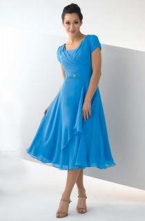 Modest Short Sleeves Tea Length Bridesmaid Formal Evening Party Prom Dress Gown