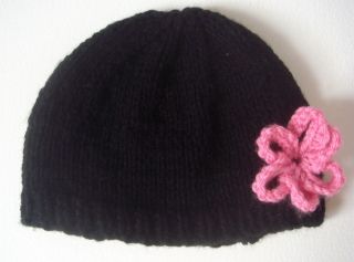 Hand Knitted Baby Beanie Hat Goth Punk Emo Flower Detail 0 12 Months