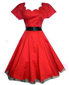 Ladies Red Cotton 40's 50's Vtg Style Scallop Neck Jive Swing Tea Dress New 8