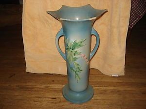 Old Antique Roseville 18" Art Pottery Blue Bleeding Heart Floor Vase 977