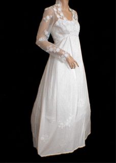 Vtg 80s Ivory with White Crochet Lace Tatting Wedding Dress M Empire Waist