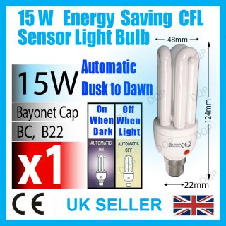 1x 15W Low Energy CFL Dusk Till Dawn Sensor Light Bulb B22 Security Lamp