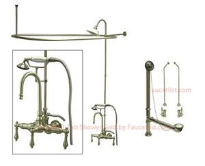 Satin Nickel Clawfoot Tub Faucet Shower Kit with Enclosure Curtain Rod 7T8CTS