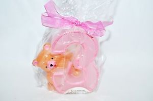 Baby Girl 3rd Third Birthday Candle Number Three 3 Cake Topper Pink Teddy Bear