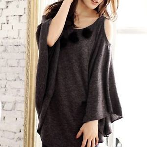 New Women Ladies Gray Long Loose Oversized Batwing Sleeve Poncho Jumper Sweater