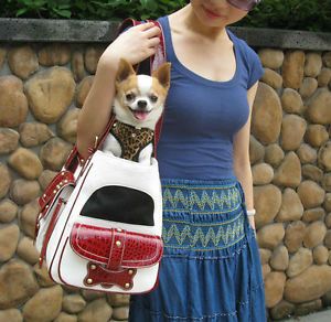 White Cowboy Style w Faux Red Leather Pet Carrier Small Dog Purse Open Tote Bag