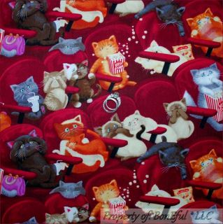 BonEful Fabric FQ Cotton Quilt Kitty Cat s Feline Movie Pop Corn Food Knit Drink