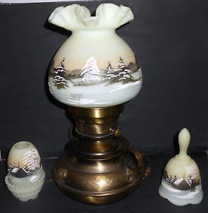 Fenton Glass Table Lamp Fairy Lamp and Bell All Artist Signed Handpainted
