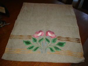 Antique Mission Arts Crafts Silk Embroidered Linen Table Runner Roses