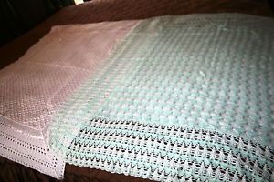 2 Hand Crocheted Baby Blankets Very Nice Very Soft 1 Pink 1 White w Green