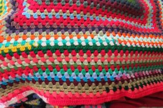 Vtg Lovely Handmade Granny Square Crochet Afghan Throw Bedspread 52 x 48 Bright