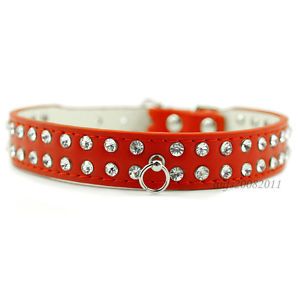 Red Bling Rhinestone Dog Collars Crystal Jeweled Leather Pet Collars 3 Size