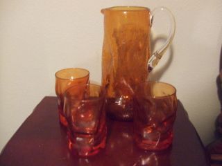 Vtg Tangerine Crackle Glass Dimpled Blenko Art Glass Pitcher Water Glasses