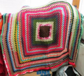 Vtg Lovely Handmade Granny Square Crochet Afghan Throw Bedspread 52 x 48 Bright