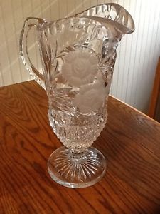 Antique Vintage Cut Glass Flower Crystal Water Pitcher