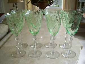 Tiffin Vaseline Glass Green Diamond Optic Water Wine Glasses Goblets Stems Set 8